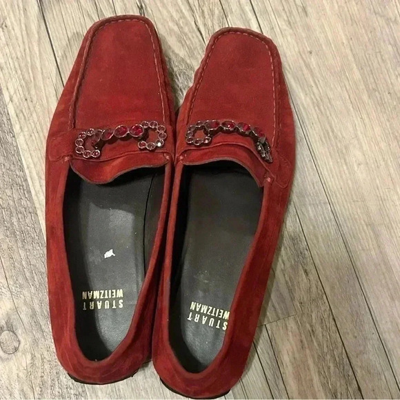Stuart Weitzman RED Suede Leather Jeweled Loafers 6.5 - Picture 5 of 11